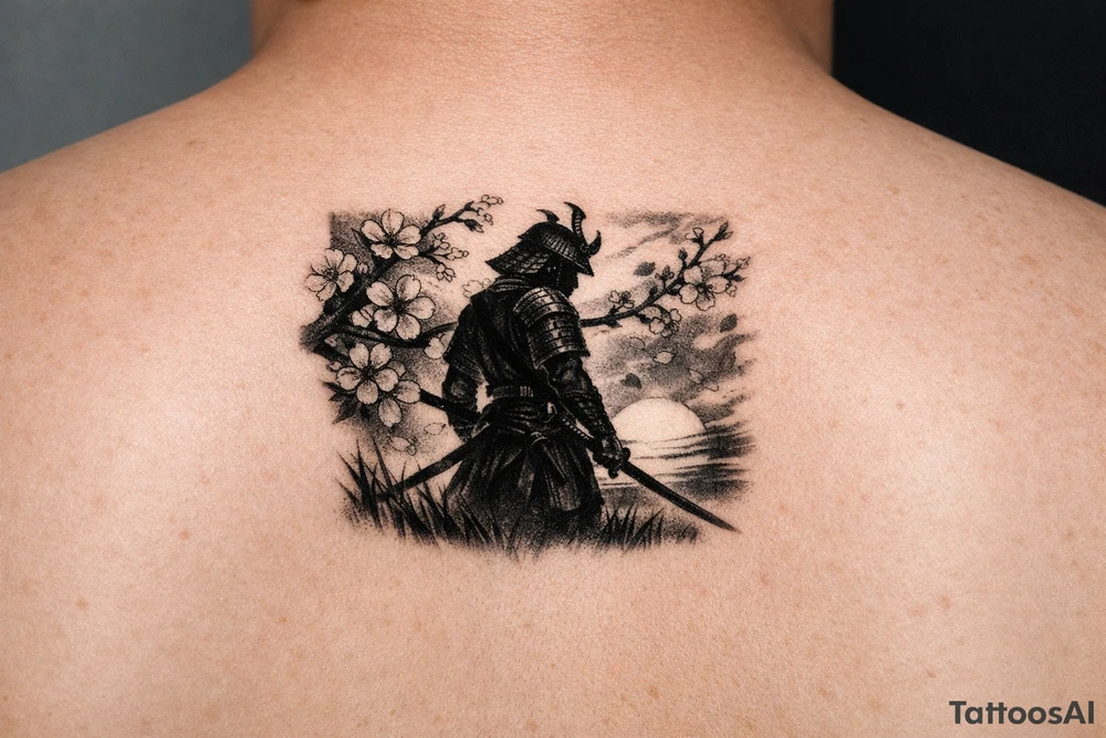 noble samurai warrior silhouette at sunset with cherry blossoms tattoo idea
