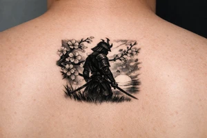 noble samurai warrior silhouette at sunset with cherry blossoms tattoo idea