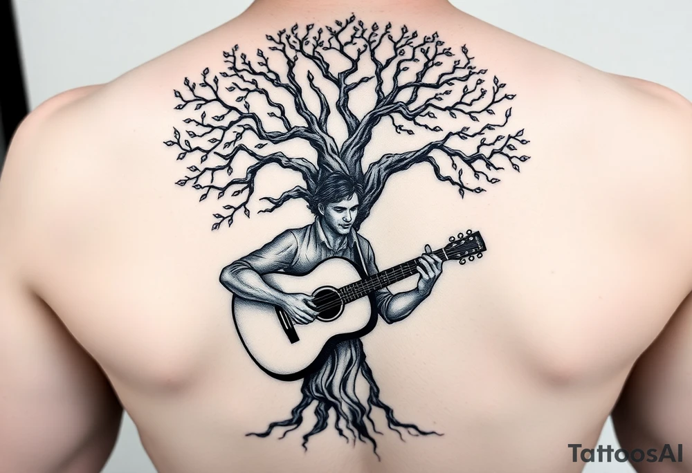 Man playing acoustic guitar underneath tree of life concept style tattoo idea