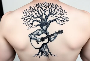 Man playing acoustic guitar underneath tree of life concept style tattoo idea