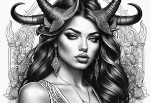 Dark realism beautiful woman looking 
face forward with curved horns facing downwards tattoo idea