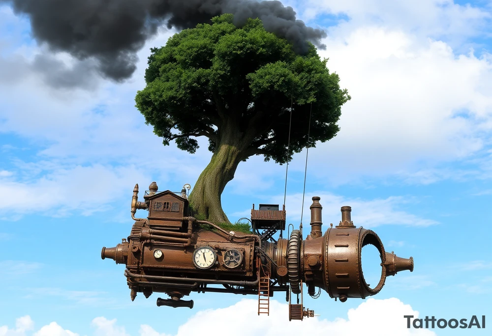 tree growing out of a v shaped engine with lots of pipes, guages and steam around the engine 
 with a smoke stack coming out of the top 
 billowing black smoke as if the tree and engine were a flying machine flying through the air 
 with an extreme steam punk vibe alot more steam punk 
it should look somewhat like a hot air baloon where the tree is the balloon and the machine is the basket but they are together as one unit, and the sky should have clouds in the back ground as if it were chugging along flying through the sky and needs to look extremely steam punk
the smoke stack should be coming out of the tree and the smoke should be trailing behind the machine 
the tree is the actual smoke stack for the machine 
the smoke stack should be a branch pointing up and out with smoke billowing out of it 
and the motor should be a motor that is kind of shaped like the letter V
and there should be a little tree house built in the tree with steam punk looking windows and some stairs down to a platform on the top of the engine 
the tree house shouold be built into the tree as if it were grown into the tree 
on the second picture will you incorporate the face of a clock on the round end of the machine tattoo idea