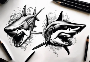 2 nautical style sharks wrapped around the knee no background tattoo idea