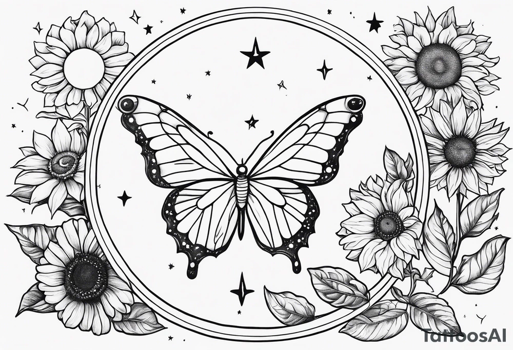 Zodiac sign Cancer, moon, sunflower, flowers, fairy, love, kind, fierce, sun, caring, butterfly, stars tattoo idea