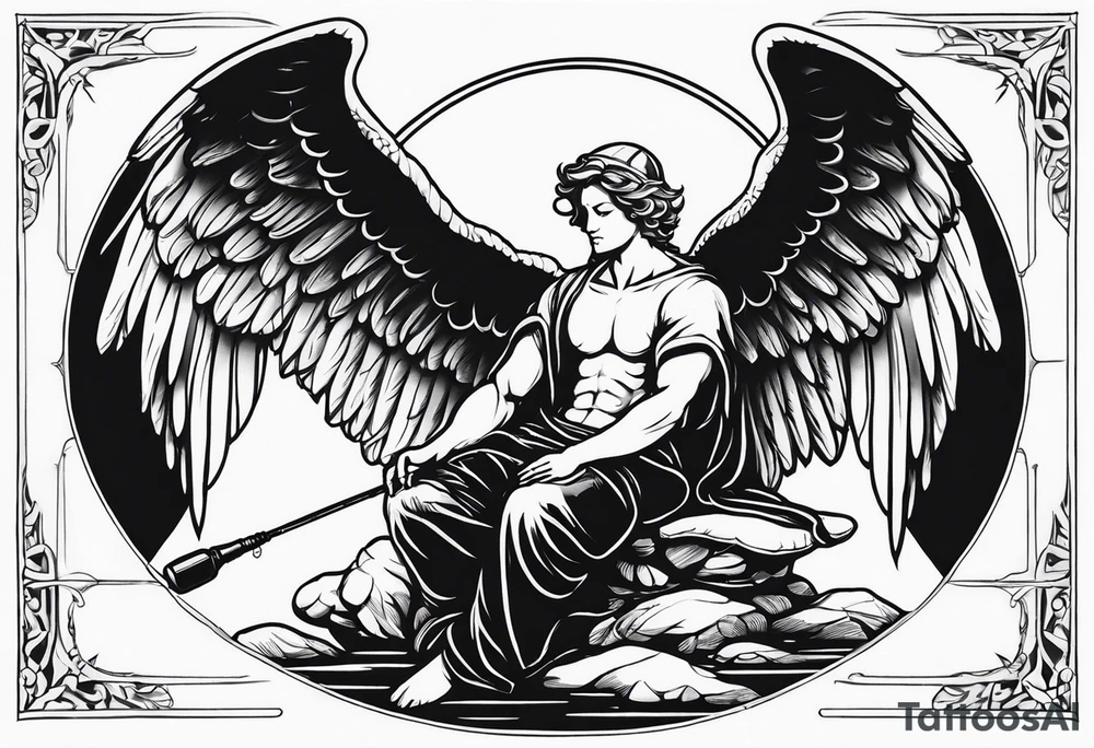male angel with wings and a halo sitting peacefully with fishing rod tattoo idea