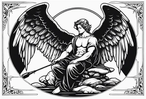 male angel with wings and a halo sitting peacefully with fishing rod tattoo idea