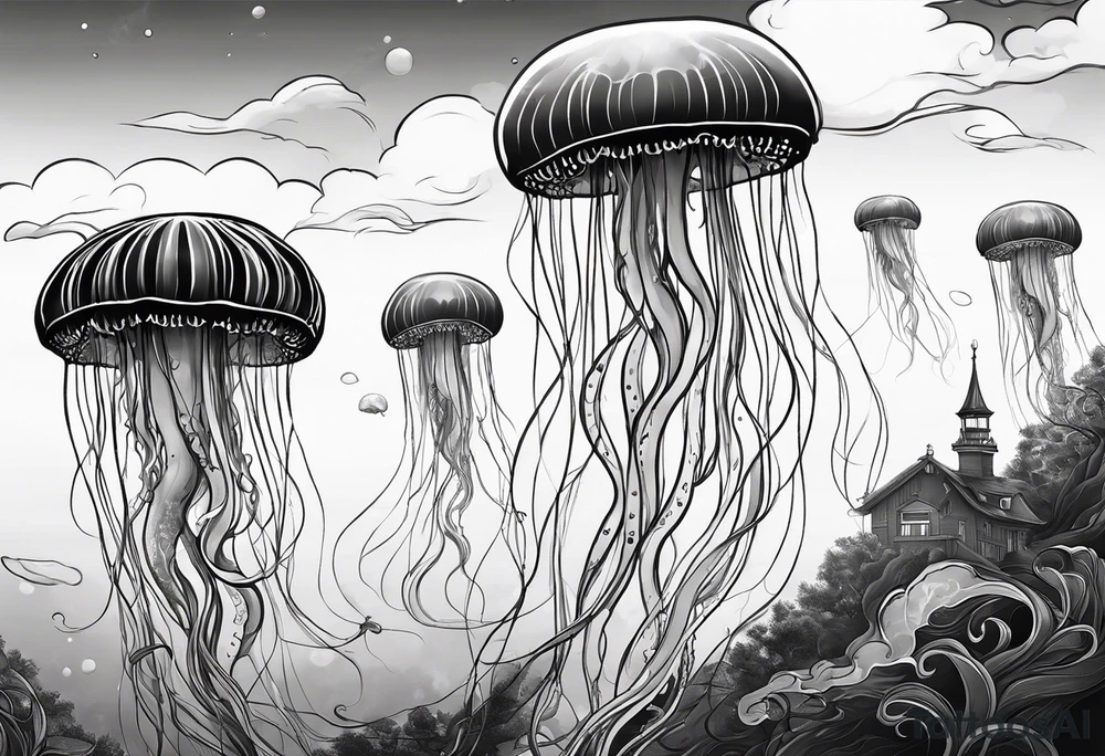 jellyfish with a small head and really long tentacles. Add clouds behind it like it’s floating in the sky tattoo idea