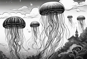 jellyfish with a small head and really long tentacles. Add clouds behind it like it’s floating in the sky tattoo idea
