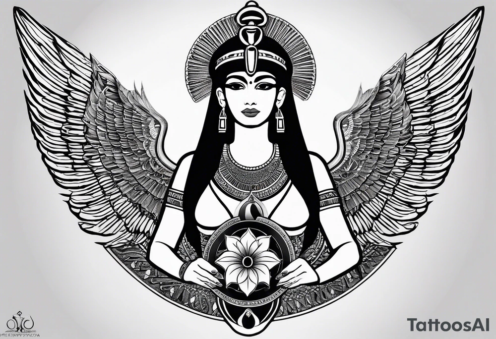 black and white Egyptian goddess Isis, who is often depicted as a woman with outstretched wings, holding an ankh (a symbol of life) in one hand and a lotus flower in the other. Her headdress often includes a throne or a solar disk. The tattoo design can vary in style and size, but it typically aims to capture the essence of this revered Egyptian deity, emphasizing her beauty, power, and maternal qualities. The choice of colors and additional elements can also be customized to create a unique and visually striking representation of the goddess Isis tattoo idea