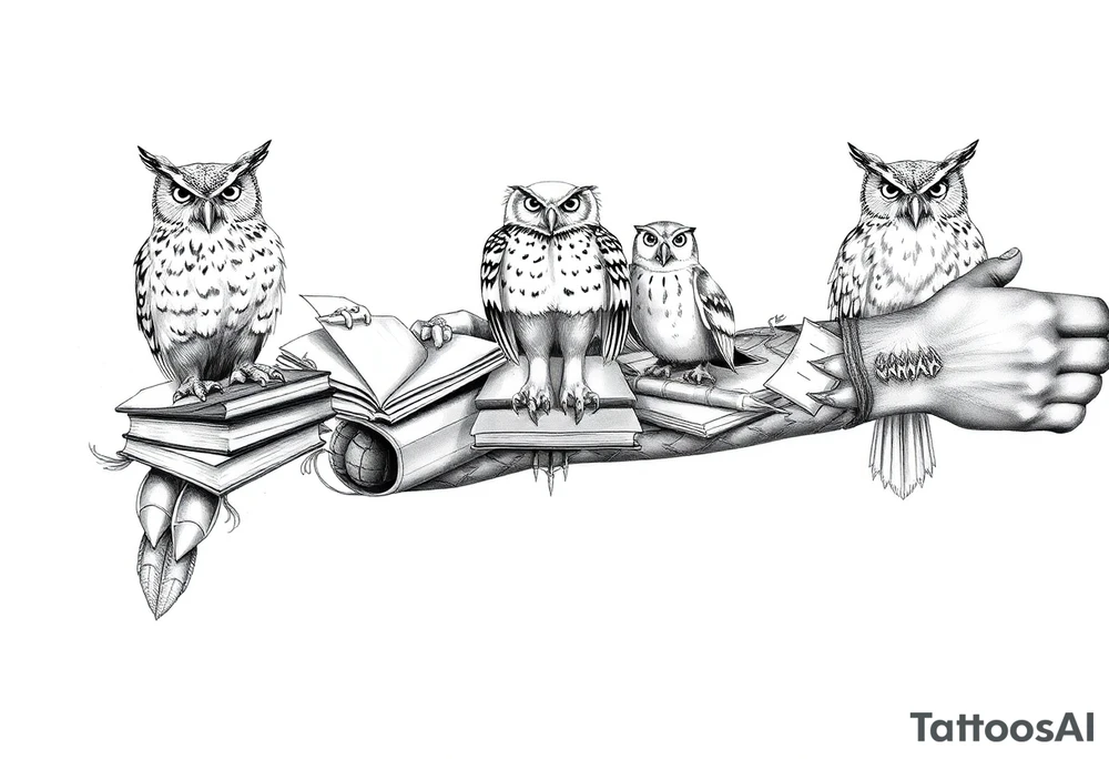 A combination of the ancient symbols of wisdom with books mixed in and owls tattoo idea