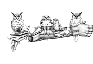 A combination of the ancient symbols of wisdom with books mixed in and owls tattoo idea