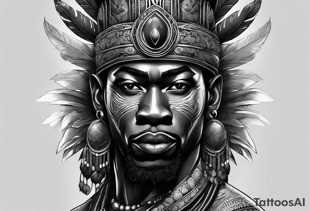homem guerreiro Ogun africano realista de corpo inteiro em preto e cinza com fudo savana tattoo idea