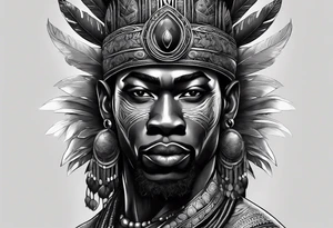 homem guerreiro Ogun africano realista de corpo inteiro em preto e cinza com fudo savana tattoo idea
