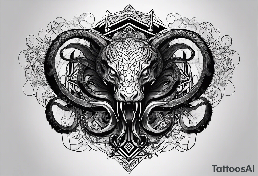 Long tattoo for forearm. Lovecraftian creature, with technological elements. Tentacles protect a heart. tattoo idea