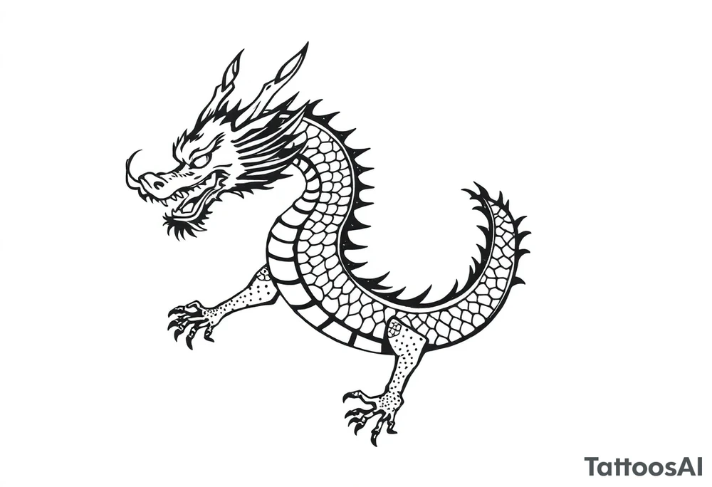 Black ink dragon with flowing body, abstract motion lines, stylised blackwork tattoo, minimalist details, high contrast, traditional Japanese dragon form, vertical layout tattoo idea