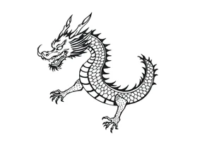 Black ink dragon with flowing body, abstract motion lines, stylised blackwork tattoo, minimalist details, high contrast, traditional Japanese dragon form, vertical layout tattoo idea