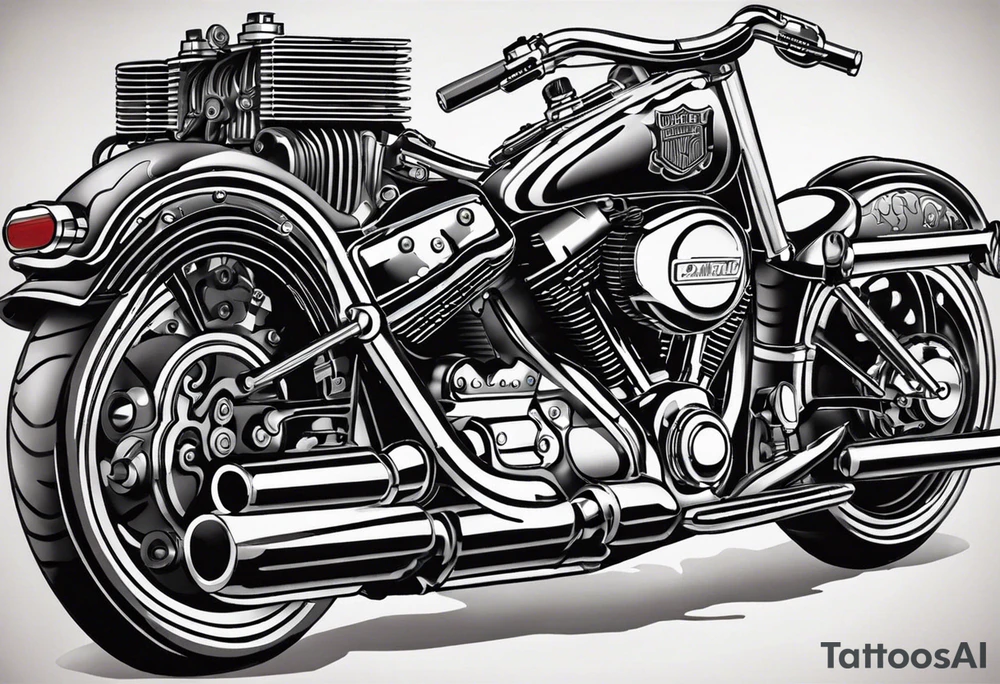 Create a tattoo for a man's chest featuring two cylinder heads (motorcycle engine like a Harley Davidson). The cylinder heads should be partially in cross-section to reveal the pistons, piston rods, valves, and cams. Additionally, part of the engine with the crankshaft should also be in cross-section. You might add a spark or flames to one cylinder (simulating the explosion phase) and perhaps the exhaust phase to the other. Try to prepare the background for potential extension of the tattoo. tattoo idea
