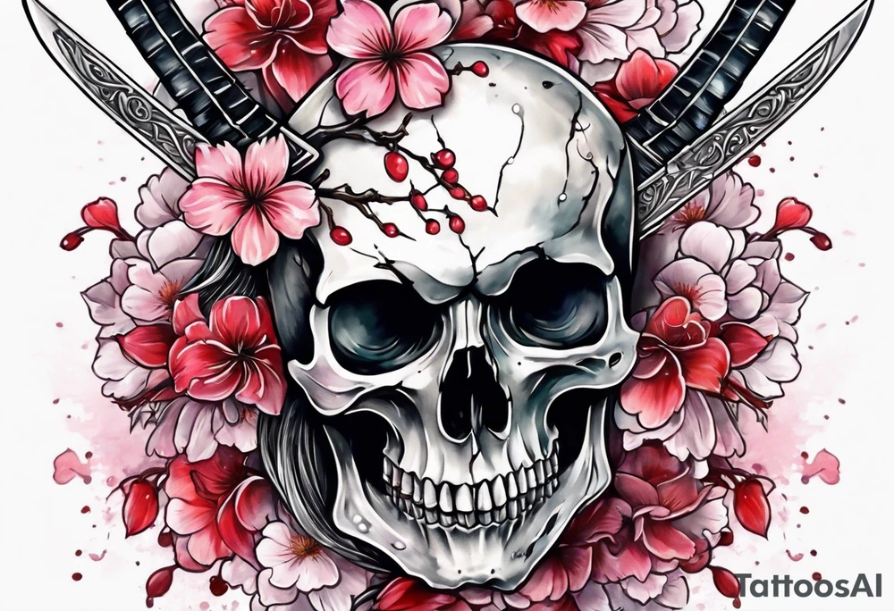 Bloody sword in a skull cherry blossom growing tattoo idea