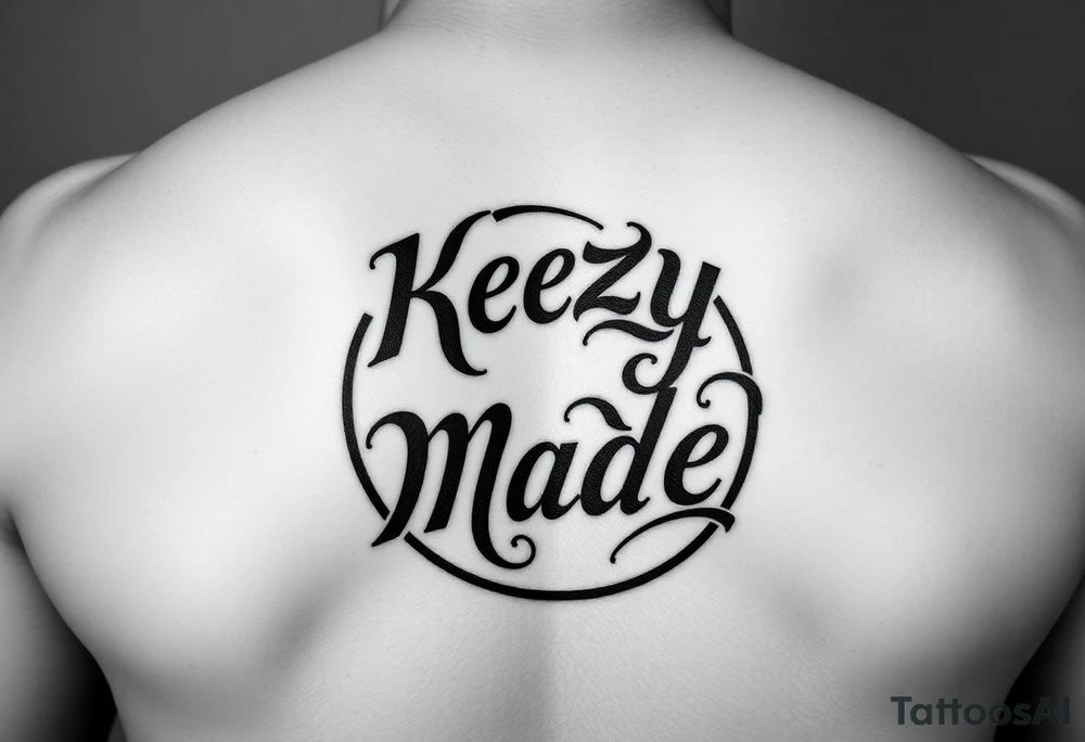 letters only fancy but rugged twisted and intertwined circular arched curvy lettering in a circular  forum that would be clothing brand style that says (KeezY MadE) almost like the the roca wear symbol clothing brand trademark or just the KM tattoo idea