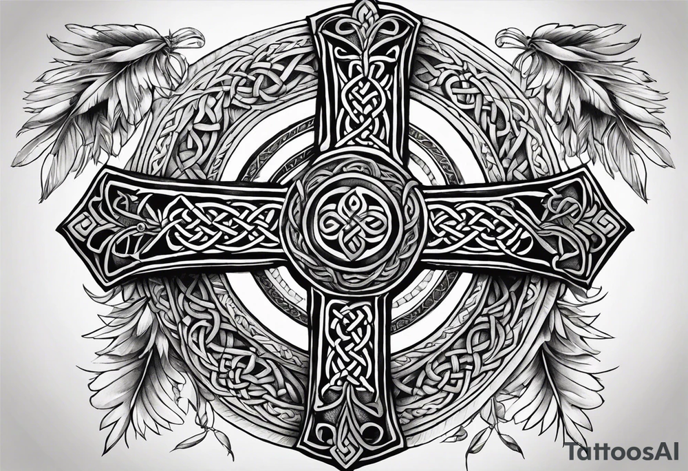 Celtic cross, shamrock in center, one Indian feather hanging from each side arm of cross tattoo idea