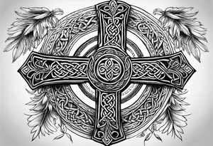 Celtic cross, shamrock in center, one Indian feather hanging from each side arm of cross tattoo idea