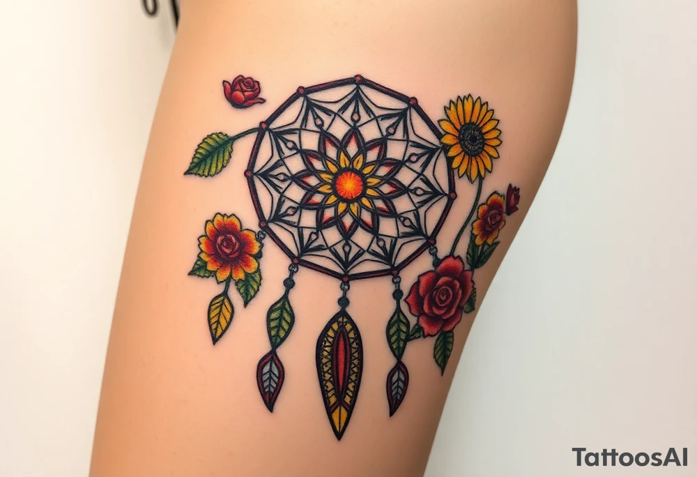 Dreamcatcher with zodiac symbols and protection runes caught in it with tigerlillies roses and sunflowers tattoo idea