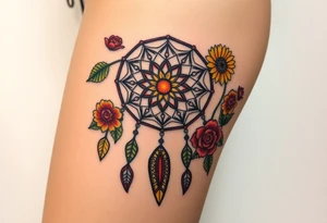 Dreamcatcher with zodiac symbols and protection runes caught in it with tigerlillies roses and sunflowers tattoo idea