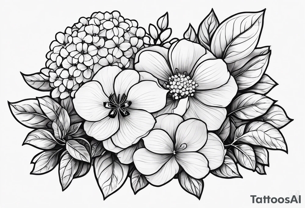 3 in by 2 in minimalist no color tattoo for forearm of a Hydrangea, bee, and M tattoo idea