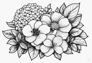3 in by 2 in minimalist no color tattoo for forearm of a Hydrangea, bee, and M tattoo idea