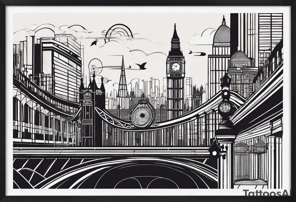 A minimalistic, abstract design capturing the architectural essence and vibe of London. Key elements of London’s skyline and structure are hinted at with clean lines, and subtle detailing includes personal touches, like a nod to Feid’s signature look (hat, glasses, mustache), integrated discreetly to honor a memorable concert experience. tattoo idea