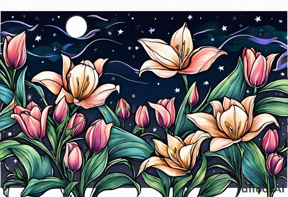 Lillys vines hanging wrapping around with a beautiful night sky I want tulips and vines wrapping around my shoulder with a bat and a night sky stars tattoo idea