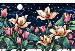 Lillys vines hanging wrapping around with a beautiful night sky I want tulips and vines wrapping around my shoulder with a bat and a night sky stars tattoo idea