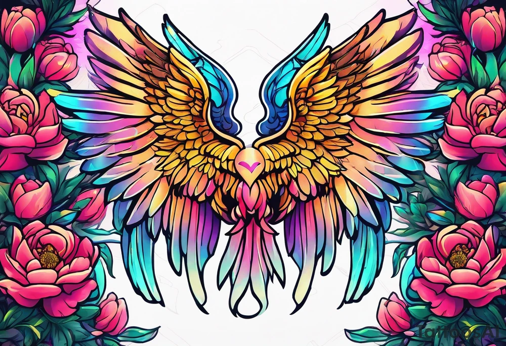 beautiful colorful neon angel wings, surrounded by beautiful peonies, new school style, streetwear, urban wear, white background tattoo idea