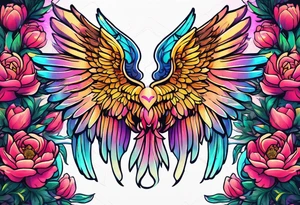 beautiful colorful neon angel wings, surrounded by beautiful peonies, new school style, streetwear, urban wear, white background tattoo idea