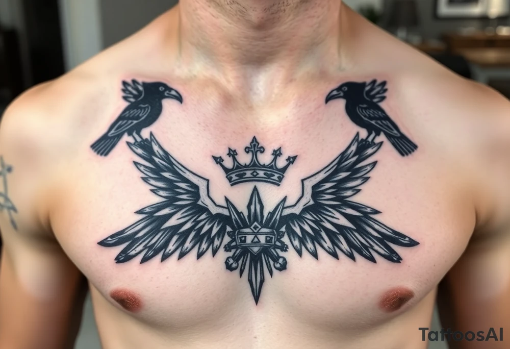 Chest tattoo, two laurier and icelandic symbols, dark brest tattoo, crown betwen ravens tattoo idea