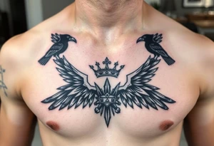Chest tattoo, two laurier and icelandic symbols, dark brest tattoo, crown betwen ravens tattoo idea