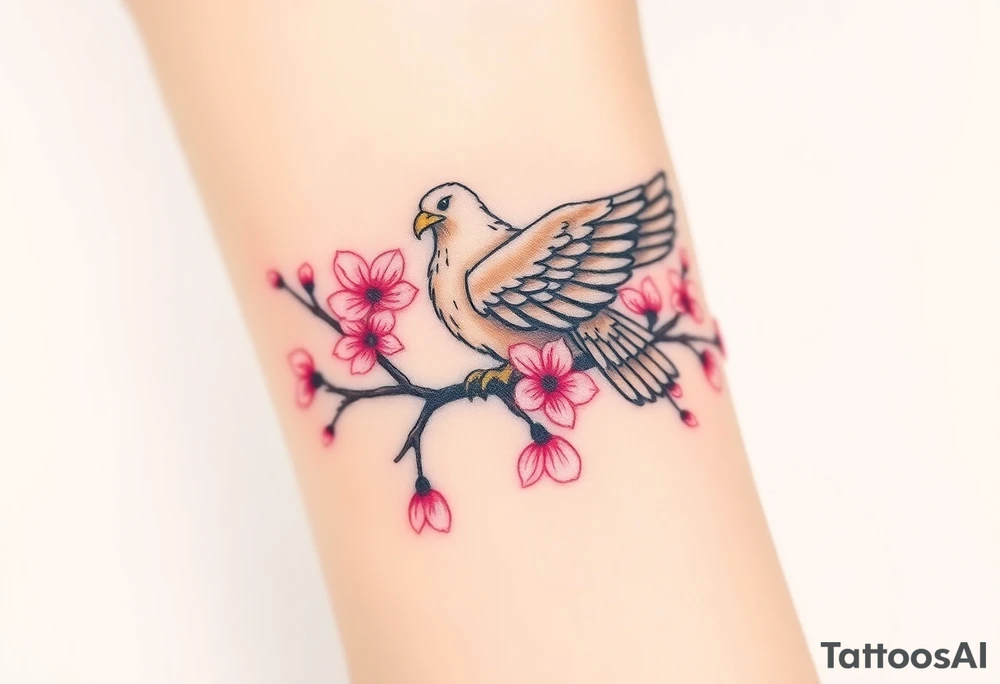 A peaceful eagle resting on a cherry blossom tree branch, surrounded by soft pink petals floating in the wind tattoo idea