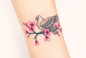A peaceful eagle resting on a cherry blossom tree branch, surrounded by soft pink petals floating in the wind tattoo idea