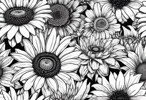 fine line drawing of gerber daisy lilies and sunflowers with a bee and a lady bug tattoo idea