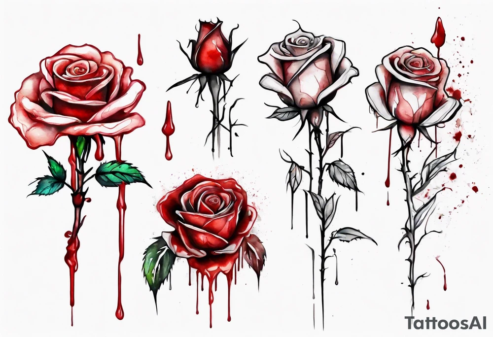 rose flower, one line, red blood dripping from the flower, tall, watercolor tattoo idea