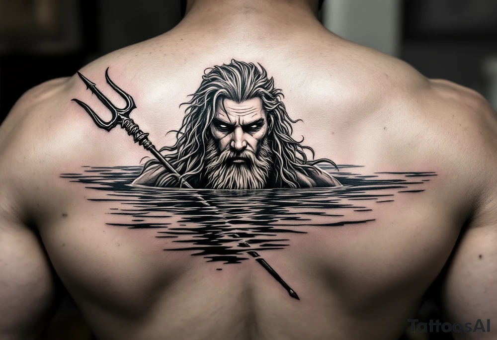 poseidon with trident half way in calm water tattoo idea