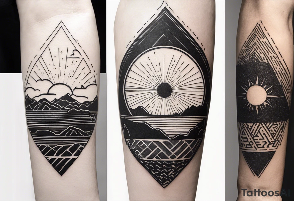 down the outside of the arm starting with a 3d solar representation of 10/01/2011, linear down to a rice grain representation, stylized sun with L.A.R hidden in it, a mischievous pixie or sprite with E.J.R hidden it in tattoo idea