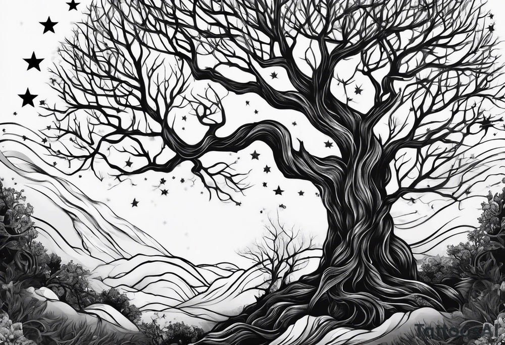 poison tree with no leaves and stars tattoo idea