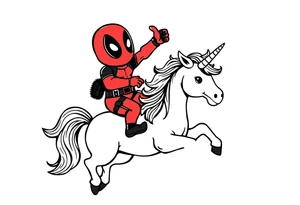 Silly glittery Deadpool riding unicorn  flipping off tattoo idea