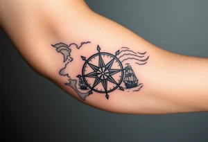 antique compass rose overlaid on weathered world map with sailing ships tattoo idea