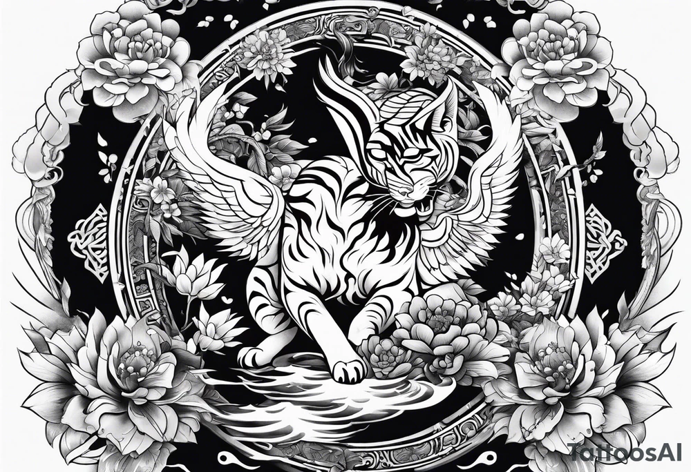 Japanese traditional style black and white Hamsa with tiger and crane  fighting inside tattoo idea
