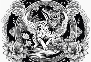 Japanese traditional style black and white Hamsa with tiger and crane  fighting inside tattoo idea