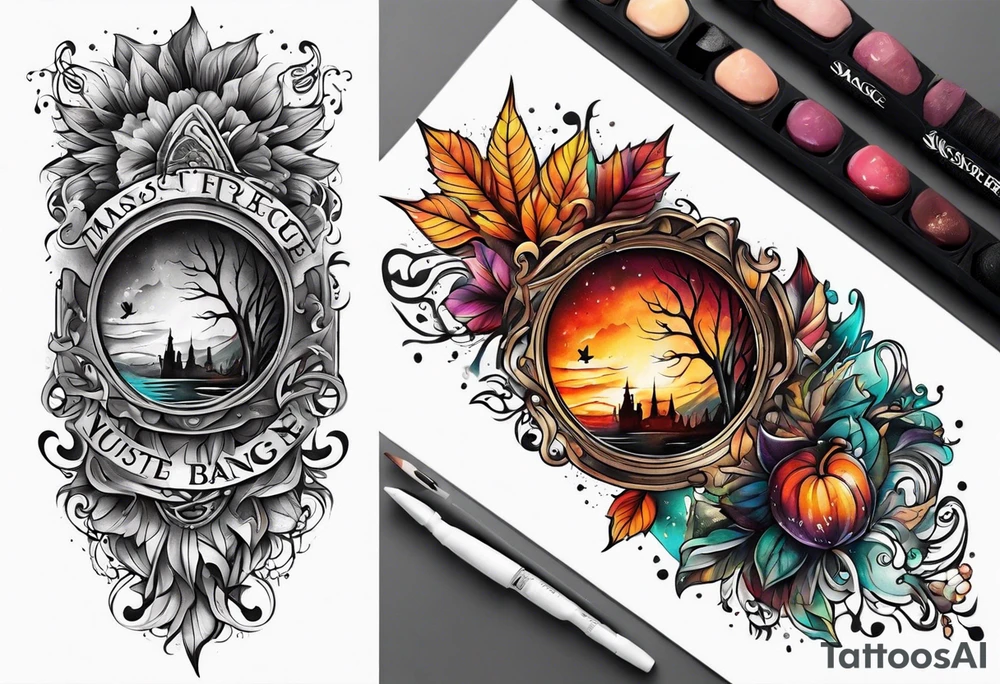 Knee tattoo in fall colors with water flow washes tattoo idea