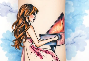 Woman with wavy brown hair playing a grand piano under the stars swirl tattoo idea