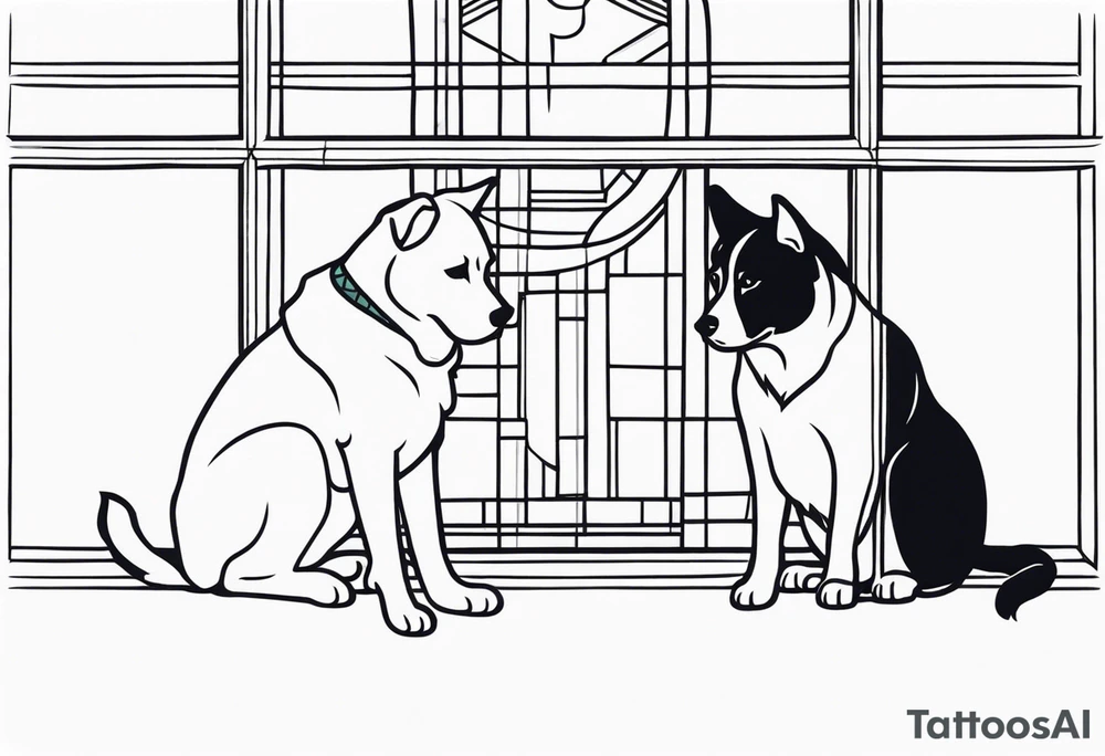 dog and cat sitting on floor and looking out octagonal window together tattoo idea